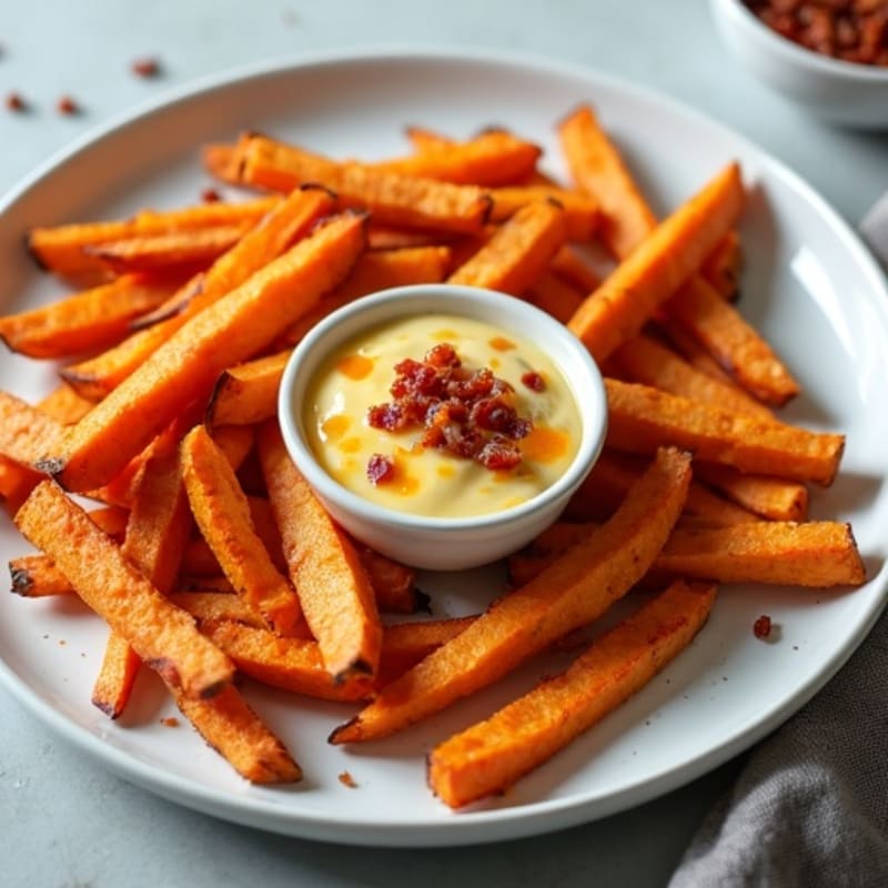 Crispy Roasted Sweet Potato Fries with Creamy Cheesy Sauce and Smoky Bacon