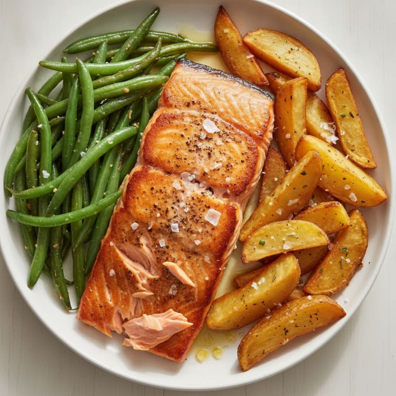 Pan-Seared Salmon with Green Beans and Baked Fries