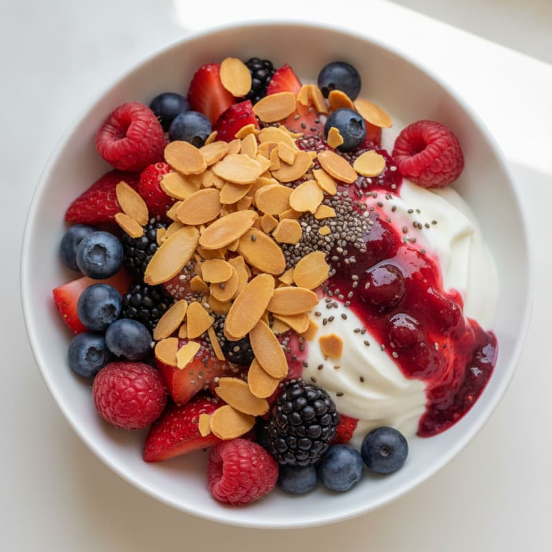Greek Yogurt Protein Parfait with Mixed Berries and Almonds