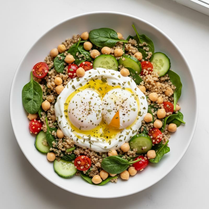 Mediterranean Breakfast Quinoa Bowl with Poached Egg