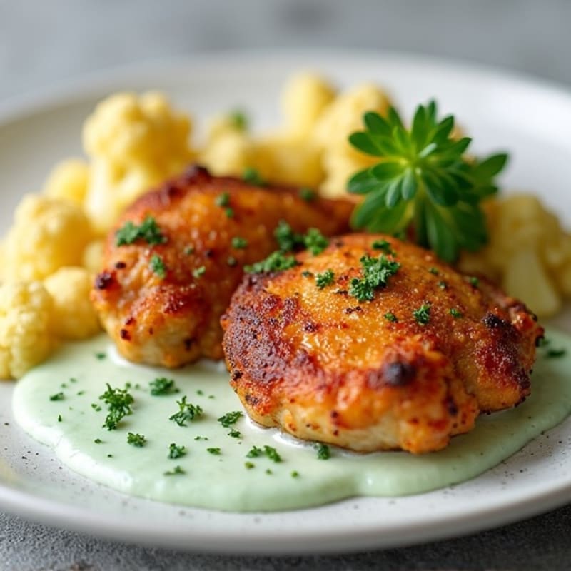 Crispy Chicken Thighs with Creamy Cilantro Lime Sauce and Roasted Cauliflower