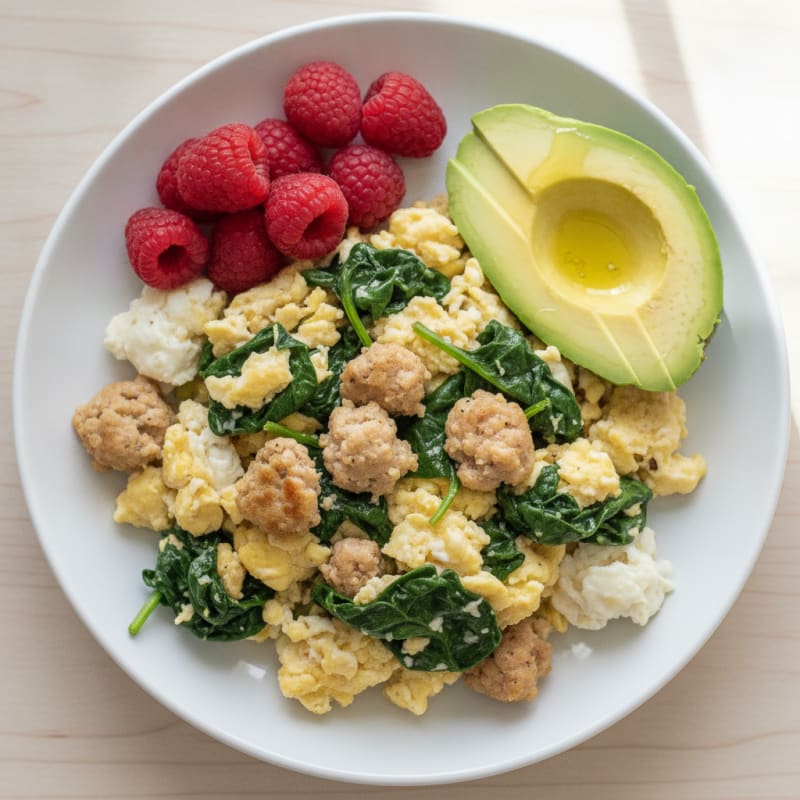 Egg White and Turkey Sausage Scramble with Baby Spinach