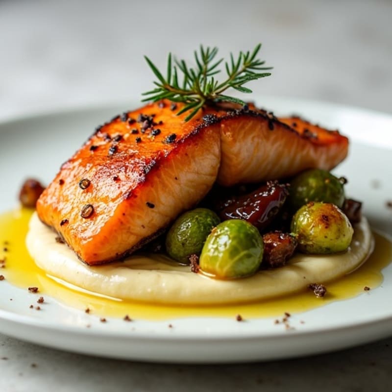 Crispy Date-Glazed Salmon with Roasted Brussels Sprouts and Creamy Parsnip Puree