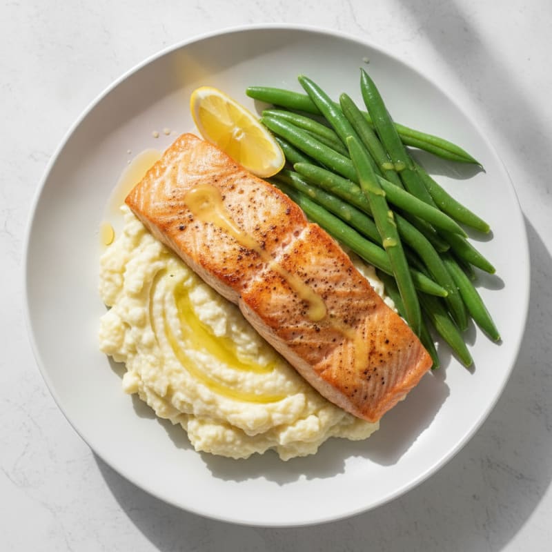 Seared Salmon with Steamed Green Beans and Garlic Mashed Cauliflower