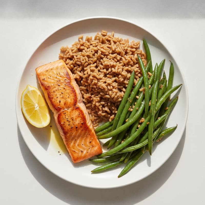 Seared Salmon with Garlic Green Beans and Brown Rice