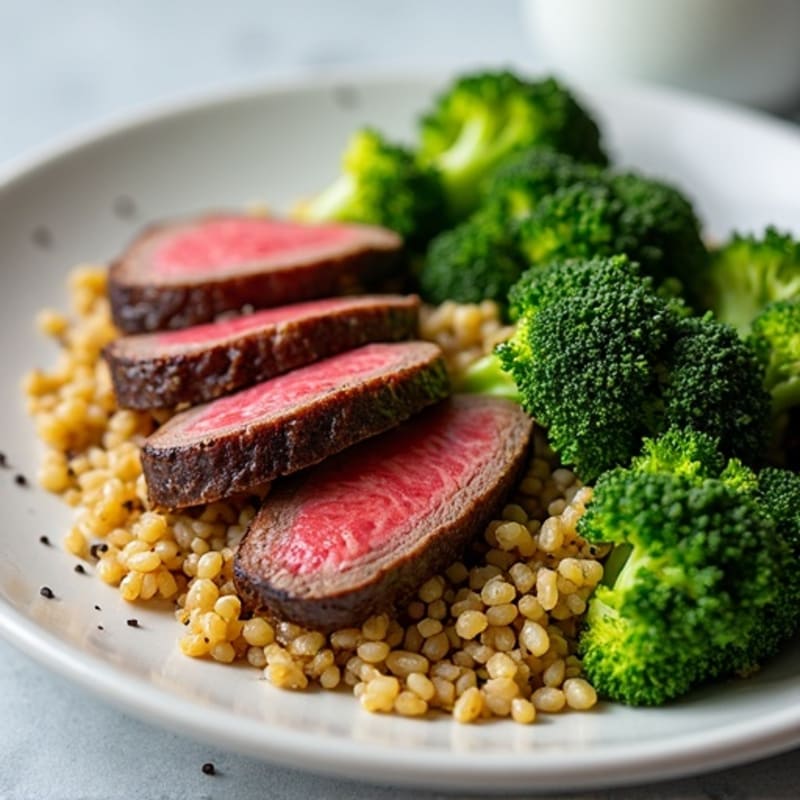 Seared Lean Beef Strips with Roasted Broccoli and Quinoa