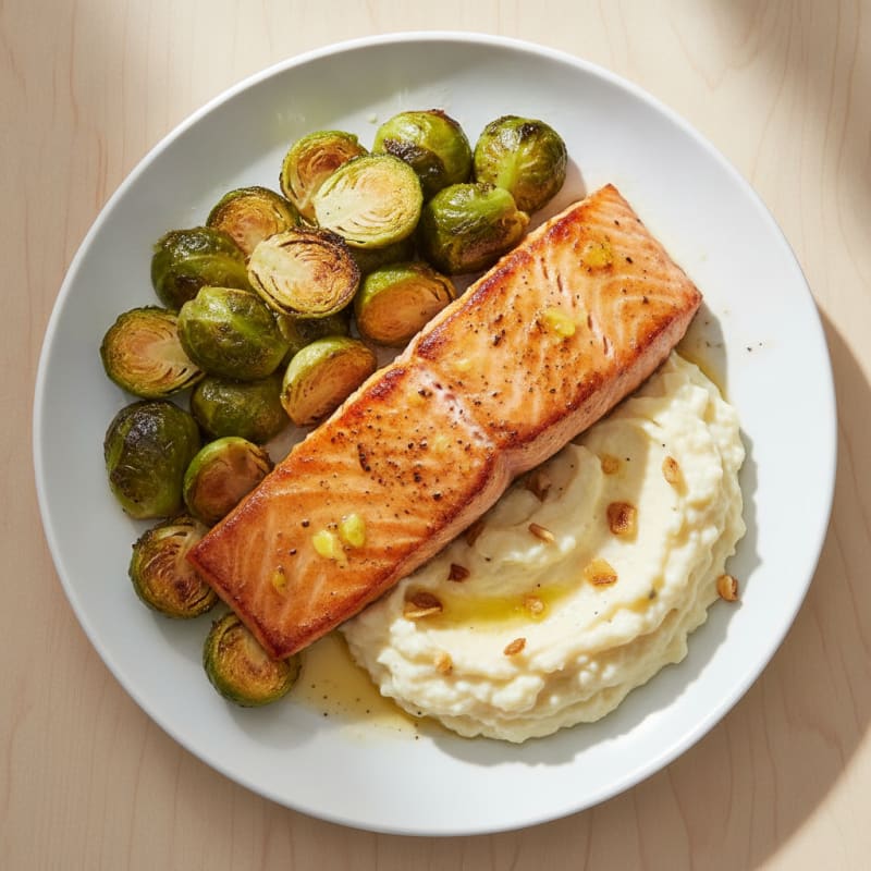 Seared Salmon Fillet with Roasted Brussels Sprouts and Cauliflower Mash