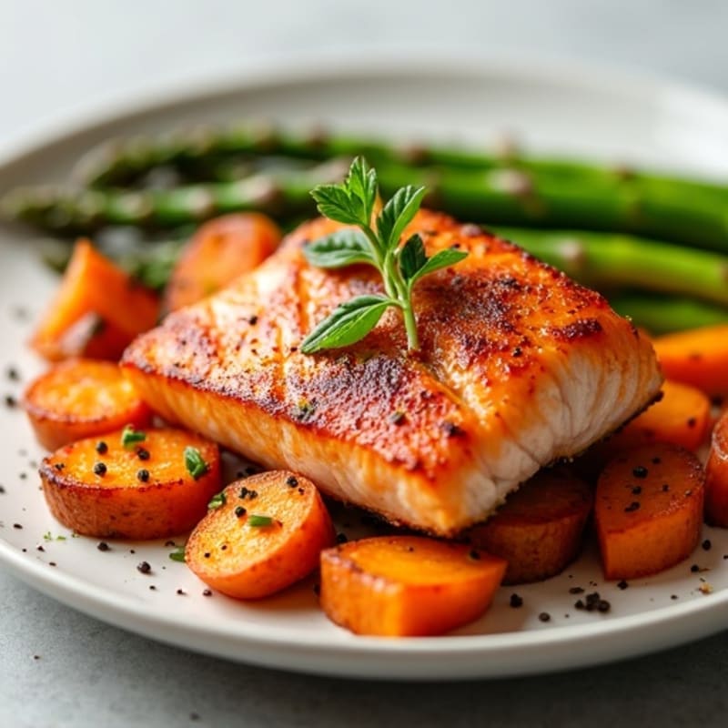 Seared Salmon Fillet with Roasted Sweet Potatoes and Asparagus