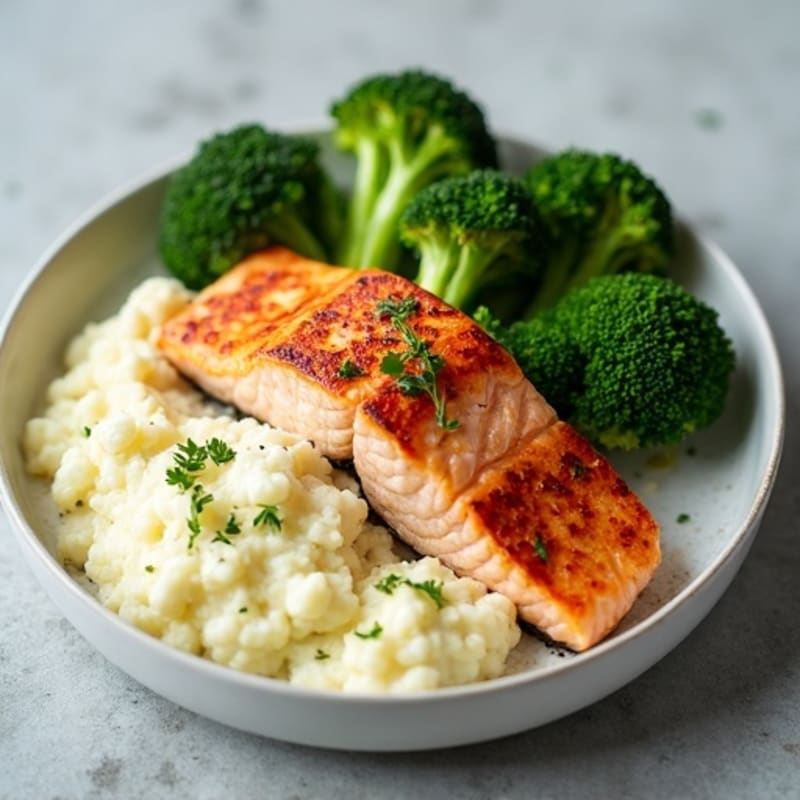 Seared Salmon with Roasted Broccoli and Garlic Mashed Cauliflower