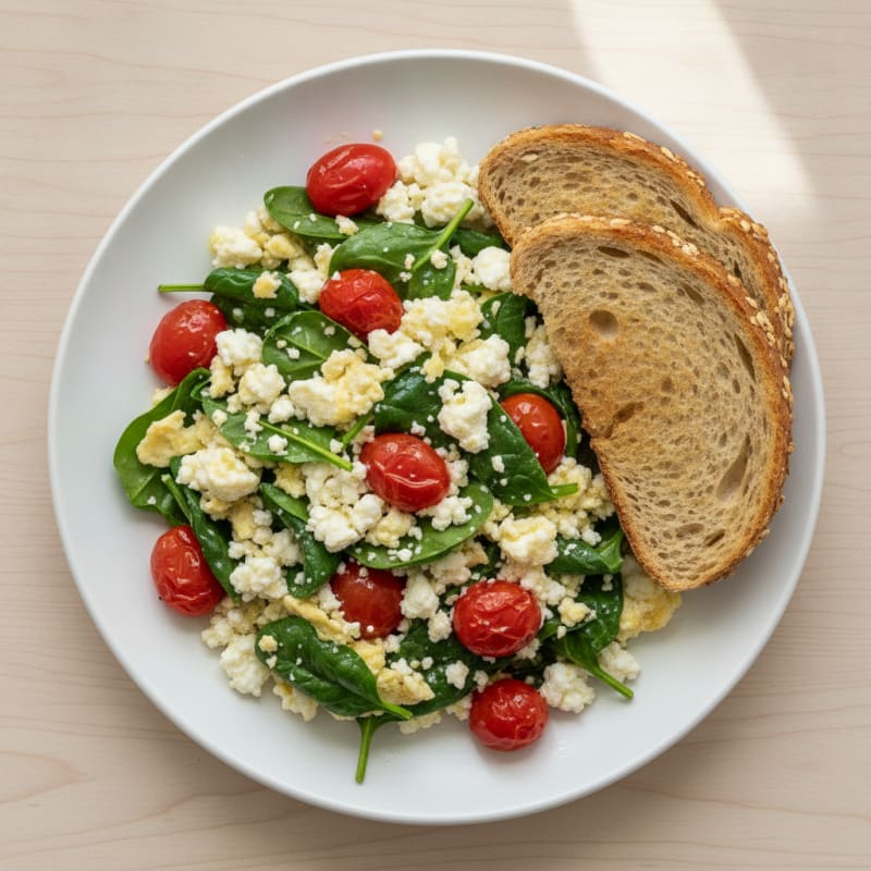 Egg White and Spinach Scramble with Cottage Cheese and Cherry Tomatoes