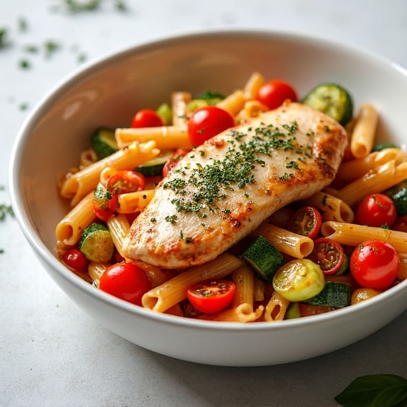 Herb Chicken Pasta with Roasted Vegetables and Light Tomato Sauce