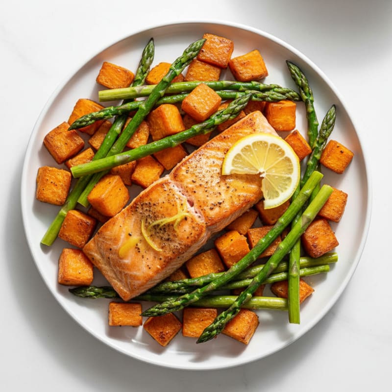 Seared Salmon Fillet with Roasted Sweet Potatoes and Asparagus