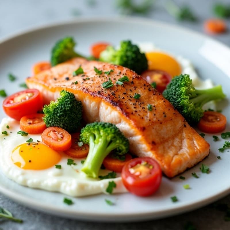 Seared Salmon with Roasted Broccoli, Carrots & Tomato Egg White Medley