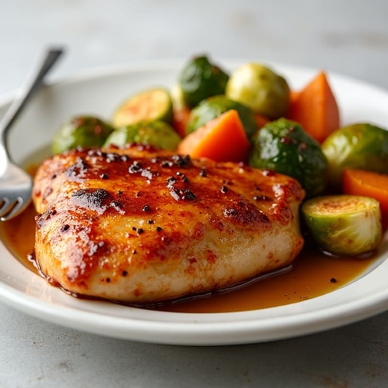 Sticky Maple-Glazed Chicken with Roasted Sweet Potatoes and Crispy Brussels Sprouts
