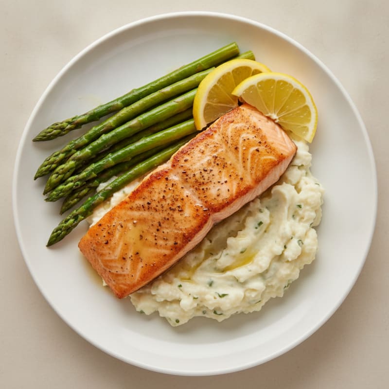 Seared Salmon with Steamed Asparagus and Garlic Mashed Cauliflower