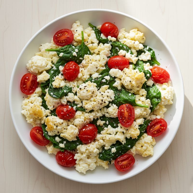 Cottage Cheese Egg Scramble with Spinach and Cherry Tomatoes