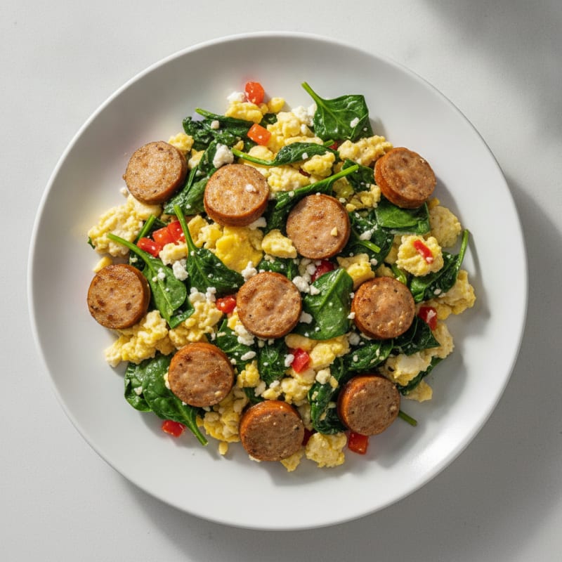 Egg White Scramble with Turkey Sausage and Sautéed Spinach