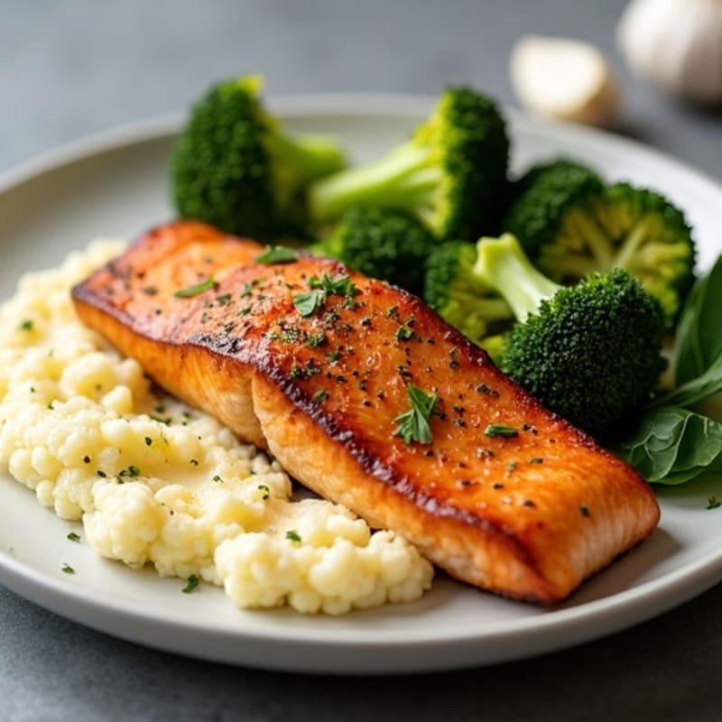 Seared Salmon Fillet with Roasted Broccoli and Garlic Mashed Cauliflower