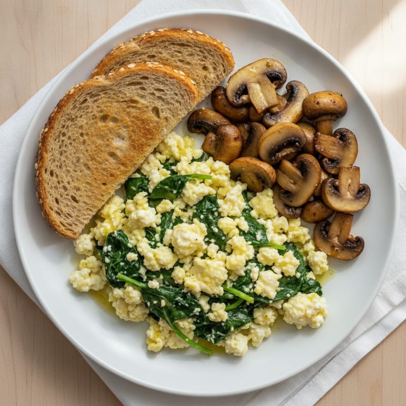 Cottage Cheese and Spinach Egg Scramble with Sautéed Mushrooms