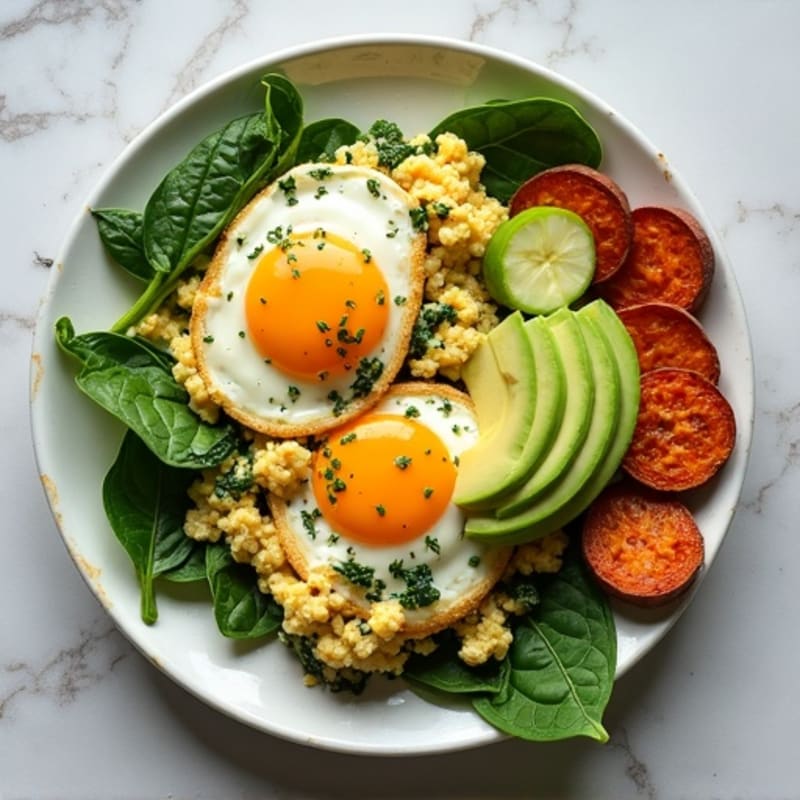 Egg White and Spinach Scramble with Roasted Sweet Potatoes