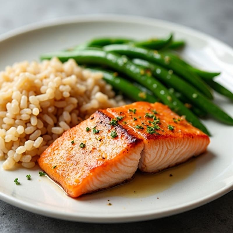 Seared Salmon with Garlic Green Beans and Brown Rice