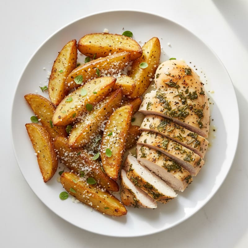 Crispy Parmesan Garlic Potato Wedges with Herb-Roasted Chicken