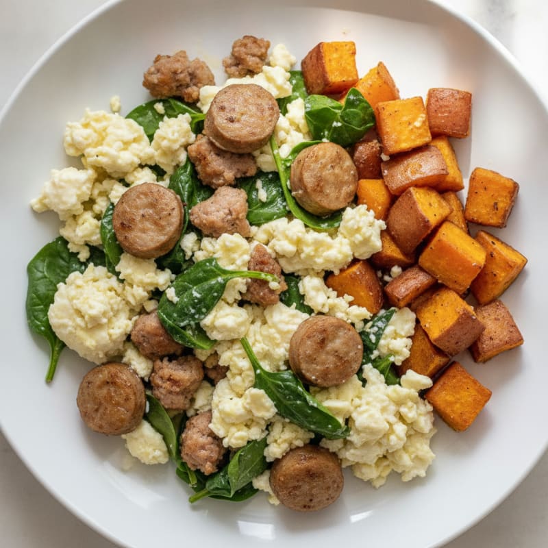 Egg White and Turkey Sausage Scramble with Roasted Sweet Potatoes