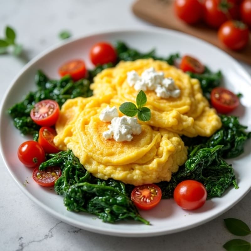 Fluffy Scrambled Eggs with Sautéed Spinach and Cherry Tomatoes
