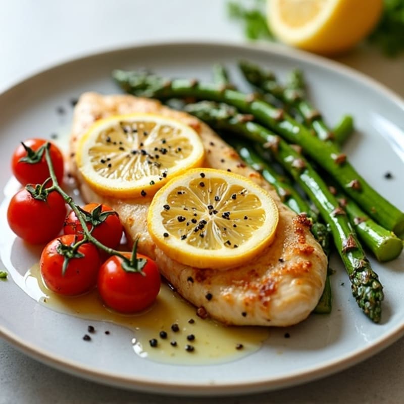 Lemon Garlic Pan-Seared Chicken with Roasted Asparagus and Cherry Tomatoes