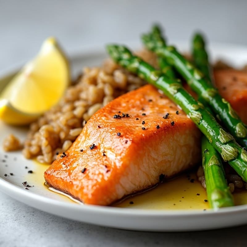 Seared Salmon Fillet with Steamed Asparagus and Brown Rice