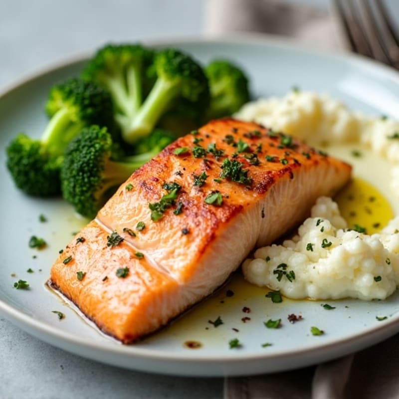 Seared Salmon with Steamed Broccoli and Garlic Cauliflower Mash