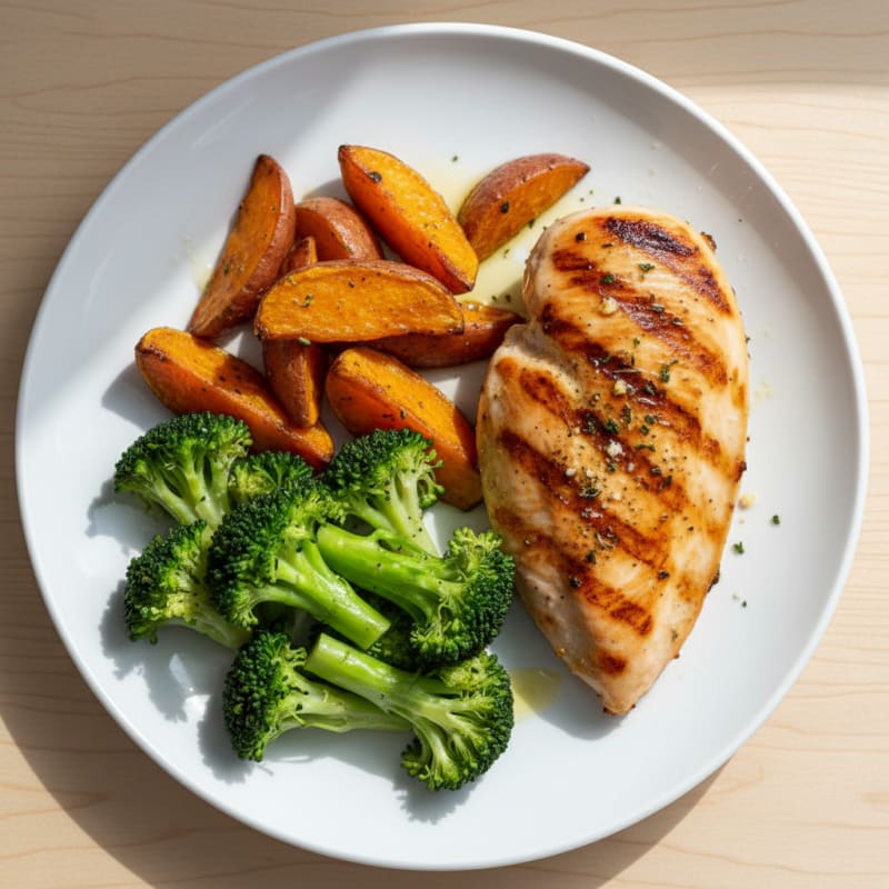 Grilled Chicken Breast with Roasted Sweet Potato and Steamed Broccoli
