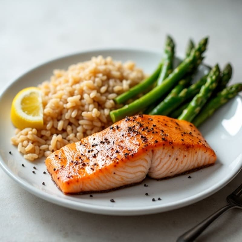 Seared Salmon Fillet with Steamed Asparagus and Brown Rice