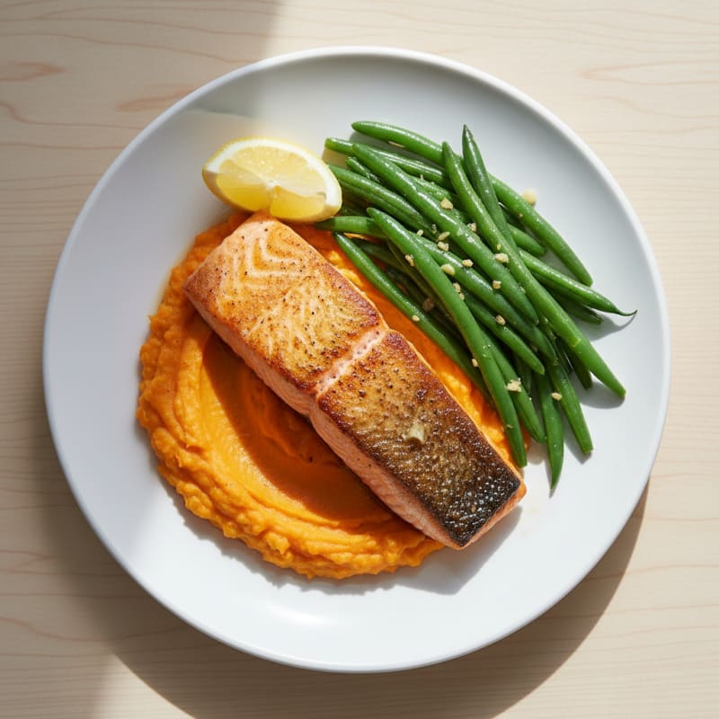 Seared Salmon Fillet with Steamed Green Beans and Sweet Potato Mash