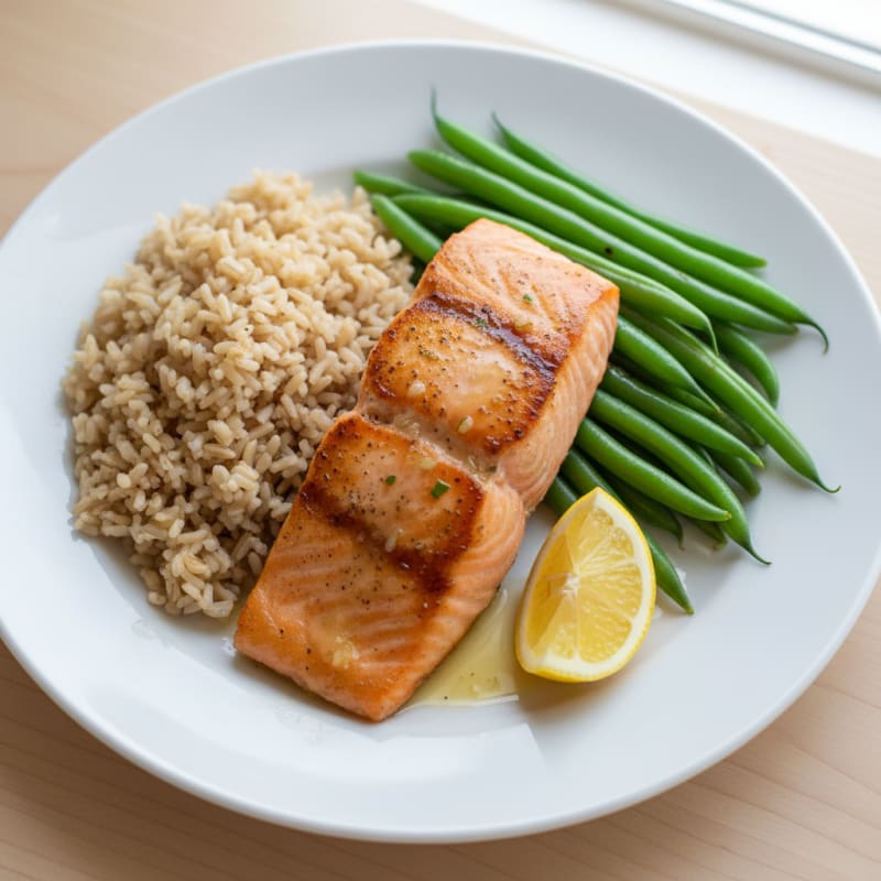Seared Salmon Fillet with Steamed Green Beans and Brown Rice