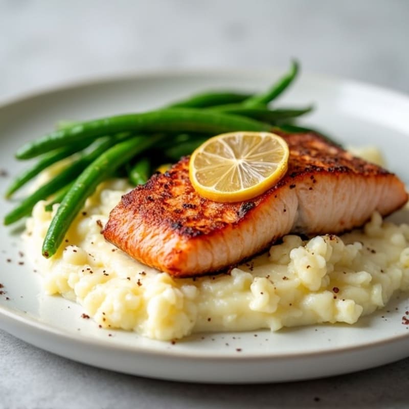 Seared Salmon with Steamed Green Beans and Cauliflower Mash
