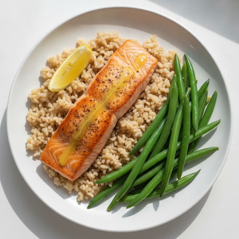 Seared Salmon with Steamed Green Beans and Brown Rice