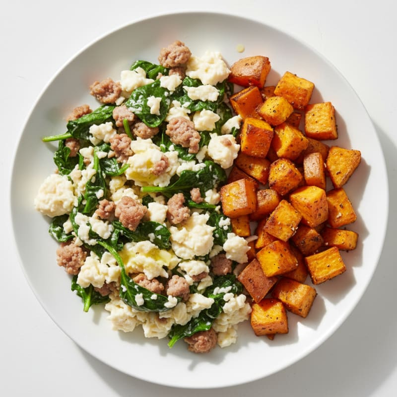 Egg White and Turkey Sausage Scramble with Spinach and Roasted Sweet Potato