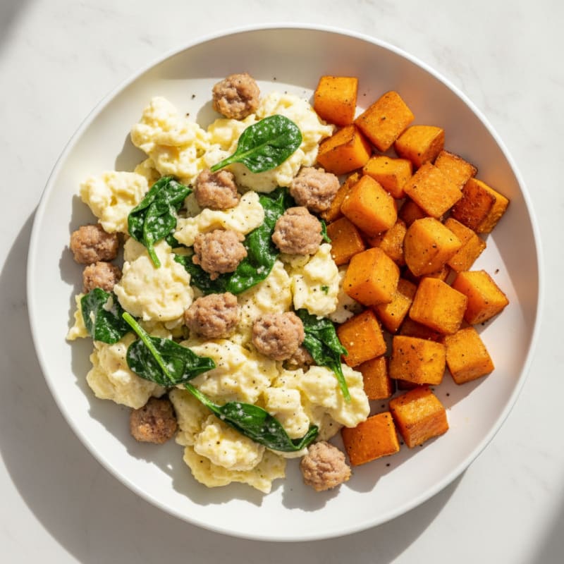 Egg White and Turkey Sausage Scramble with Spinach and Roasted Sweet Potato