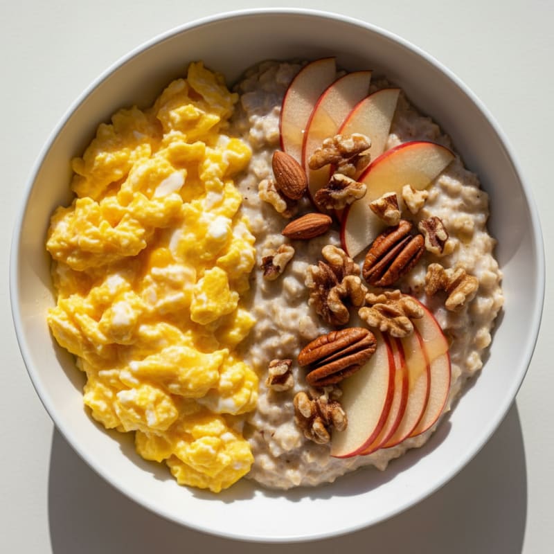 Scrambled Eggs with Oatmeal and Sliced Apple
