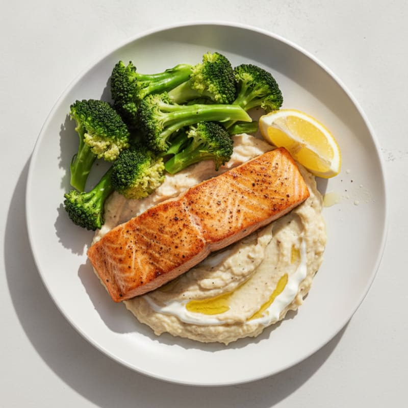 Seared Salmon Fillet with Steamed Broccoli and Garlic Cauliflower Mash