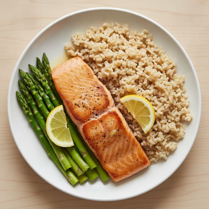 Seared Salmon Filet with Steamed Asparagus and Brown Rice