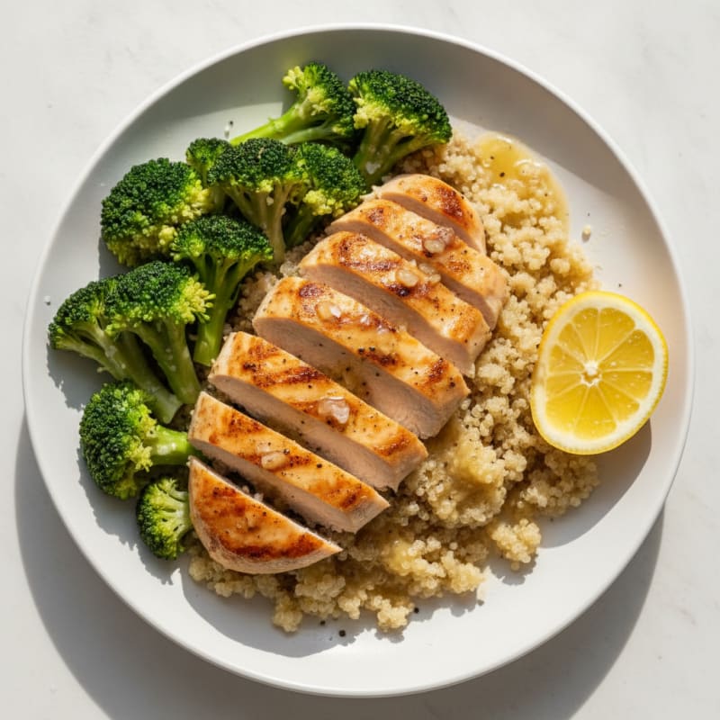 Lemon-Garlic Chicken with Quinoa and Steamed Broccoli
