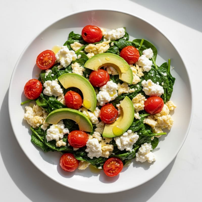 Egg White Spinach Scramble with Cottage Cheese and Cherry Tomatoes