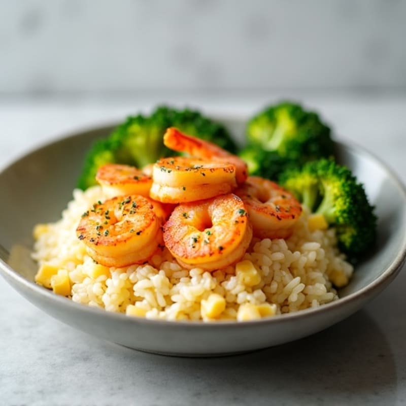 Creamy Cheese Rice with Seared Shrimp and Roasted Broccoli