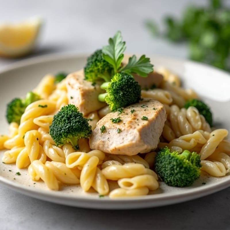 Creamy Lemon Garlic Chicken Pasta with Roasted Broccoli