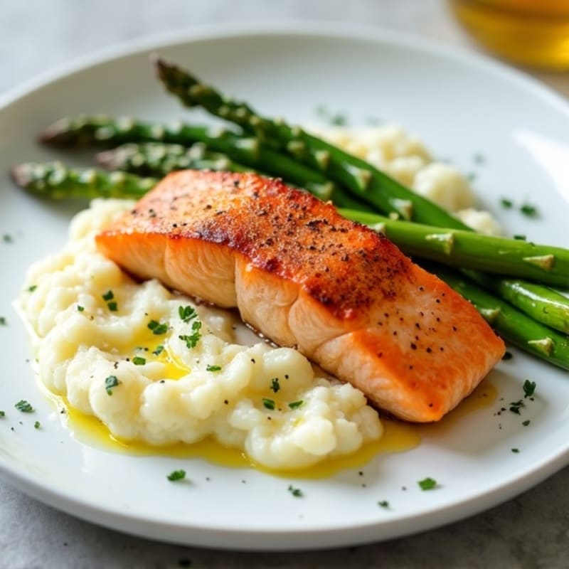 Seared Salmon with Steamed Asparagus and Cauliflower Mash