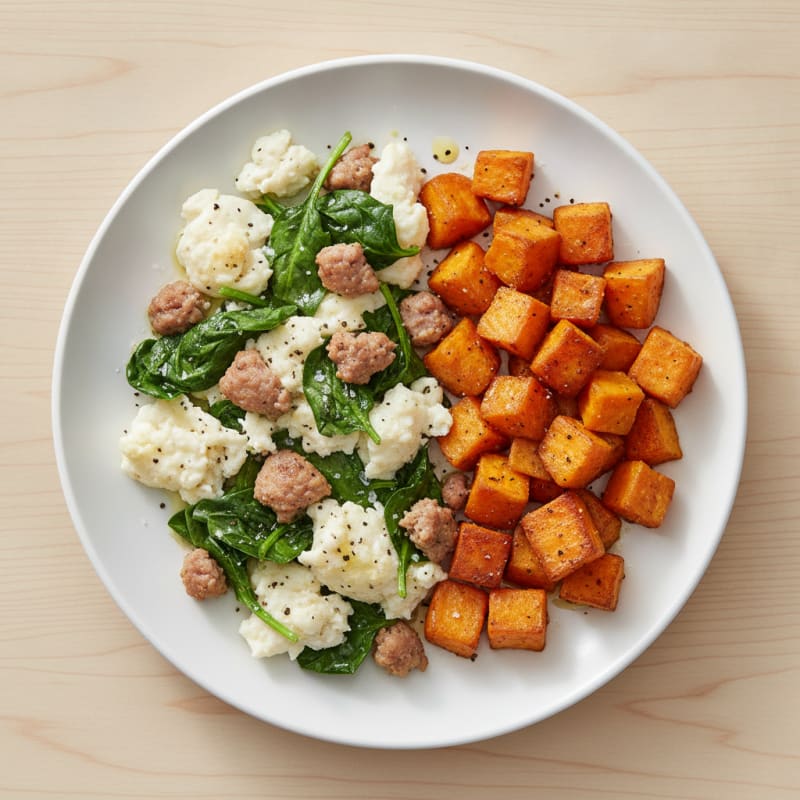 Egg White and Turkey Sausage Scramble with Spinach and Roasted Sweet Potatoes