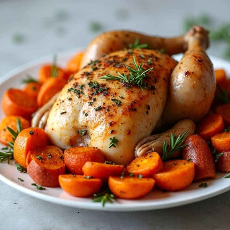Herb-Roasted Whole Chicken with Crispy Sweet Potatoes and Roasted Carrots