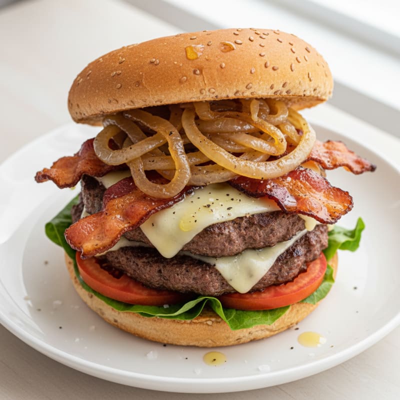 Double Bacon Cheeseburger with Caramelized Onions